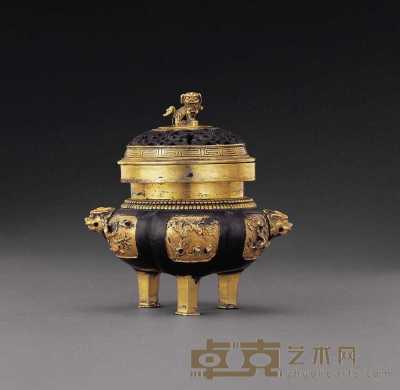 清 铜鎏金錾花卉纹盖炉 高13.6cm
